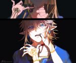  1boy 1girl black_background blood blue_eyes earrings hand_on_another&#039;s_mouth highres jewelry ji_yuyun link looking_at_viewer open_mouth pointy_ears princess_zelda simple_background the_legend_of_zelda 