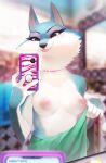  2023 5_fingers anthro areola blep blurred_background breasts canid canine canis cellphone claws eyelashes fangs female finger_claws fingers fur hi_res holding_cellphone holding_object holding_phone holding_smartphone illumination_entertainment mammal mirror_selfie multicolored_body multicolored_fur nipples phone porsha_crystal selfie sing_(movie) smartphone solo teeth tongue tongue_out tsampikos two_tone_body two_tone_fur wolf 