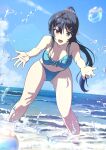  1girl bare_shoulders bikini black_hair blue_bikini blue_sky breasts brown_eyes cleavage day front-tie_bikini_top front-tie_top grey_ribbon hair_ornament hair_ribbon high_ponytail highres horizon leaning_forward long_hair looking_at_viewer multiple_hairpins ocean open_mouth partially_submerged rabbit_hair_ornament raiz_art_works reaching reaching_towards_viewer ribbon sakurajima_mai seishun_buta_yarou sky solo splashing standing swimsuit thighs very_long_hair 