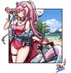  1girl ambriel_(arknights) ambriel_(holiday)_(arknights) arknights beach beach_chair beach_umbrella black_collar blush breasts bullet_hole cactus can casual_one-piece_swimsuit cleavage closed_mouth collar commentary covered_navel cowboy_shot day eyewear_on_head frilled_one-piece_swimsuit frills heart heart-shaped_eyewear high_ponytail holding holding_can holding_suitcase infection_monitor_(arknights) innertube jewelry kuroinu9 long_hair looking_at_viewer necklace ocean off_shoulder official_alternate_costume one-piece_swimsuit one_eye_closed outdoors outside_border pink-tinted_eyewear pink_hair pink_scrunchie purple_eyes red_nails red_one-piece_swimsuit rolling_suitcase scrunchie shirt sidelocks sky sleeveless sleeveless_shirt soda_can solo suitcase swimsuit thigh_strap tied_shirt tinted_eyewear umbrella white_shirt wrist_scrunchie 
