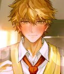  1boy blonde_hair collared_shirt highres looking_at_viewer male_focus messy_hair necktie oretsuu red_necktie school_uniform shima_sousuke shirt short_hair skip_to_loafer sweater_vest upper_body white_shirt yellow_eyes yellow_sweater_vest 