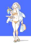  1girl absurdres bag bikini blue_background breasts cocktail cocktail_glass collarbone cup drinking_glass drinking_straw grey_hair highres holding holding_bag holding_tray jacket kon_osm medium_hair navel open_clothes open_jacket orange_bikini original shadow simple_background slippers smile solo swimsuit swimsuit_under_clothes tray walking white_background white_jacket 