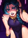  1girl bare_shoulders bent_over blue_eyes blue_hair blue_lips braid braided_ponytail breasts bridal_gauntlets collar covered_navel earrings highres jewelry looking_at_viewer medium_breasts open_mouth original pelvic_curtain qtori sharp_teeth solo teeth 