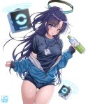  1girl black_halo black_shirt blue_archive blue_eyes blue_jacket blush bottle breasts buruma commentary_request gym_shirt gym_uniform halo highres holding holding_bottle jacket long_hair looking_at_viewer medium_breasts pairan parted_lips plastic_bottle purple_hair shirt short_sleeves simple_background star_sticker sticker_on_face track_jacket water_bottle white_background yuuka_(blue_archive) yuuka_(track)_(blue_archive) 