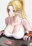  1girl bare_shoulders beatrix_amerhauser blonde_hair blue_eyes breast_rest breasts cleavage closed_mouth collarbone fingerless_gloves food forehead gloves hair_behind_ear high_ponytail highres large_breasts licking_lips looking_at_viewer parted_bangs sidelocks simple_background sitting sketch smile solo stone_(ksorede) table tank_top tongue tongue_out white_background white_tank_top zom_100:_zombie_ni_naru_made_ni_shitai_100_no_koto 