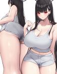  1girl ass bare_shoulders black_hair blue_archive blunt_bangs blush breasts collarbone hair_ornament hairclip halo highres huge_breasts long_hair looking_at_viewer mono_(mo_n_mno) multiple_views parted_lips red_eyes rio_(blue_archive) shirt shorts sleeveless sleeveless_shirt thighs twitter_username very_long_hair 