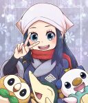  1girl akari_(pokemon) arm_warmers beak black_eyes blue_eyes blue_hair blue_kimono closed_eyes cyndaquil eyelashes fangs floral_background hand_up highres japanese_clothes kimono kotobukkii_(yt_lvlv) long_hair oshawott pokemon pokemon_(game) pokemon_legends:_arceus red_scarf rowlet scarf short_sleeves sidelocks smile teeth upper_teeth_only v_over_eye white_headwear 