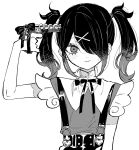  1girl ame-chan_(needy_girl_overdose) blush bow closed_mouth colored_tips commentary_request cross frills gathers greyscale gun gun_to_head hair_ornament hair_over_one_eye hand_up high_collar highres hirumanoinu holding holding_gun holding_weapon looking_at_viewer medium_hair monochrome multicolored_hair neck_ribbon needy_girl_overdose ribbon shirt_tucked_in short_sleeves simple_background skirt smile solo suspender_skirt suspenders twintails upper_body weapon x_hair_ornament 