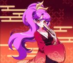  1girl breasts cleavage closed_mouth commentary egasumi english_commentary gradient_background hair_ribbon highres komakusa_sannyo littlecloudie long_hair looking_at_viewer ponytail purple_hair red_eyes red_robe ribbon robe smile solo touhou yellow_ribbon 
