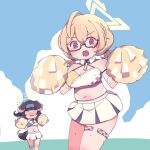  2girls ? ahoge bare_shoulders blonde_hair blue_archive blue_sky blush braid breasts brown_eyes brown_hair brown_tail cheerleader cleavage cloud commentary_request cowboy_shot crop_top day dog_girl glasses hair_between_eyes halo highres holding holding_pom_poms horoyuki_(gumizoku) kotori_(blue_archive) kotori_(cheer_squad)_(blue_archive) large_breasts long_hair looking_at_viewer midriff millennium_cheerleader_outfit_(blue_archive) miniskirt muffin_top multiple_girls navel no_nose open_mouth outdoors pleated_skirt pom_pom_(cheerleading) semi-rimless_eyewear short_twintails skirt sky sweat tareme thighlet twintails under-rim_eyewear white_skirt wing_collar yellow_halo 
