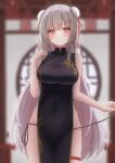  1girl absurdres black_dress blurry blurry_background breasts china_dress chinese_clothes commentary_request double_bun dress earrings grey_hair hair_bun hair_ornament hairclip highres jewelry large_breasts long_hair looking_at_viewer original pelvic_curtain pink_eyes print_dress sleeveless sleeveless_dress solo standing tanshio thigh_strap thighs very_long_hair 
