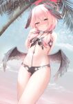  1girl absurdres bare_shoulders beach bikini black_bikini black_wings blue_archive blue_sky blush bow breasts chen_bin collarbone feathered_wings hair_bow halo head_wings highres koharu_(blue_archive) koharu_(swimsuit)_(blue_archive) long_hair looking_at_viewer low_twintails low_wings palm_tree pink_eyes pink_hair sky small_breasts solo spaghetti_strap swimsuit thighs tree twintails wings 