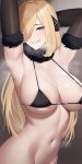  1girl absurdres armpits arms_up bikini bikini_top_only blonde_hair bottomless breasts cynthia_(pokemon) elbow_gloves floralmi fur-trimmed_gloves fur_collar fur_trim gloves grey_eyes hair_ornament hair_over_one_eye highres large_breasts long_hair looking_at_viewer mole mole_on_breast navel pokemon pokemon_(game) pokemon_dppt skindentation smile solo sweat sweatdrop swimsuit 