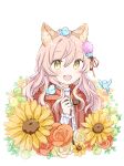  1girl :d animal animal_ear_fluff animal_ears animal_on_head bird bird_on_head blue_flower brown_eyes capelet center_frills commentary_request flower frills hair_between_eyes hair_flower hair_ornament hair_ribbon hand_up hood hood_down hooded_capelet long_sleeves on_head original pink_flower pink_hair red_capelet red_flower red_ribbon red_rose ribbon rose shirt simple_background sleeves_past_wrists smile solo sunflower upper_body wataame27 white_background white_shirt wolf-chan_(wataame27) wolf_ears yellow_flower 