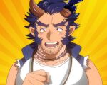  1boy :d bara blue_hair blush broken_horn dark_blue_hair demon_boy demon_horns facial_hair fang fiery_horns goburin_second horns large_pectorals looking_at_viewer male_focus mutton_chops pectorals scar scar_on_neck short_hair smile solo straight-on stubble takemaru_(housamo) thick_eyebrows tokyo_afterschool_summoners upper_body 