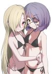  2girls alternate_hair_length alternate_hairstyle bikini black_bikini black_nails blonde_hair blush breasts brown_hair closed_mouth collarbone ear_piercing eyepatch fang fang_out hair_between_eyes hair_over_one_eye halulu hayasaka_mirei highres hug idolmaster idolmaster_cinderella_girls long_hair looking_at_viewer multicolored_hair multiple_girls piercing purple_hair red_eyes red_hair shirasaka_koume short_hair small_breasts smile swimsuit 