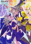  abstract_background anthro bael_(tas) black_sclera brown_body brown_fur clothing duo fur hand_holding hi_res horn lifewonders male petadodu purple_body purple_clothing purple_fur seth_(tas) tan_body tan_fur tokyo_afterschool_summoners yellow_clothes 
