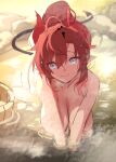  1girl aqua_eyes blue_archive breasts bucket censored cleavage commentary completely_nude hair_between_eyes horns large_breasts long_hair looking_at_viewer megu_(blue_archive) nude onsen partially_submerged pointy_ears ponytail red_hair red_horns smile solo steam symbol-only_commentary tail water wet wooden_bucket xiujia_yihuizi 