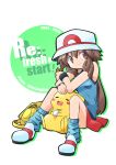  1girl bag black_wristband brown_hair can full_body hair_between_eyes hat highres holding holding_can leaf_(pokemon) long_hair loose_socks pikachu pokemon pokemon_(creature) pokemon_(game) pokemon_frlg rascal_(feuille) redrawn sitting smile socks solo white_headwear wristband yellow_bag 