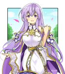  1girl bare_shoulders book breasts circlet dress fire_emblem fire_emblem:_genealogy_of_the_holy_war holding holding_book julia_(fire_emblem) long_hair looking_at_viewer open_mouth purple_hair solo yukia_(firstaid0) 