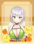  &gt;_&lt; 1girl bikini bow bow_bikini braid breasts breasts_squeezed_together cherry choker closed_mouth collarbone eguchi_kanade food fruit green_bikini green_eyes highres hololive huge_breasts looking_at_viewer mole mole_on_breast orange_(fruit) plaid plaid_background shirogane_noel short_hair solo straight-on strawberry suika_game sweat swimsuit upper_body virtual_youtuber white_hair yellow_background 