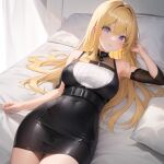  absurdres bed black_dress blonde_hair blue_eyes blush dress highres hornidoll_factory lied lying non-web_source on_bed 