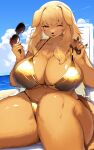  1girl animal_ears animal_hands animal_nose bikini blonde_hair blue_sky body_fur breasts brown_fur cloud commentary_request dated day furry furry_female gold_bikini highres holding holding_eyewear huge_breasts kishibe long_hair looking_at_viewer navel ocean one_eye_closed open_mouth orange_eyes original outdoors signature sitting sky smile snout solo sunglasses swimsuit tail 