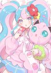  1girl blue_skirt blush bull_sprite_(pokemon) cardigan cellphone choker clefairy_sprite_(pokemon) earrings fairy_miku_(project_voltage) flower hair_flower hair_ornament hatsune_miku heart heart_choker holding holding_phone jewelry jigglypuff long_hair looking_at_viewer mayu-mayu1026 multicolored_eyes multicolored_hair open_mouth phone pink_cardigan pokemon pokemon_(creature) project_voltage scrunchie skirt two-tone_hair very_long_hair vocaloid wrist_scrunchie 