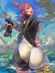  ass dawn_(pokemon) giant giantess hand_on_own_hip jupiter_(pokemon) kazo_(kazozakazo) pokemon pokemon_(creature) pokemon_center pokemon_dppt purple_hair red_eyes skin_tight staraptor team_galactic team_galactic_uniform 