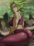 1girl artist_name ass blue_eyes blurry blurry_background breasts dragon_ball dragon_ball_super earrings english_text green_sky highres jewelry kefla_(dragon_ball) large_breasts looking_at_viewer pants parted_lips potara_earrings red_pants shexyo short_hair sitting solo super_saiyan 