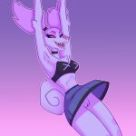  1:1 2023 anthro background_character bottomwear breasts canid canid_demon cleavage clothed clothing demon female fur genitals hair hellhound helluva_boss hi_res jumping mammal no_underwear open_mouth open_smile purple_body purple_fur purple_hair pussy skirt smile solo teeth tongue upskirt yuzu_zuzu 