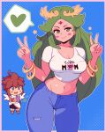  1boy 1girl absurdres ass blush bralines breasts cleavage clothes_writing curvy denim double_v forehead_jewel green_hair heart highres jeans kid_icarus laurel_crown long_hair mature_female midriff palutena pants phone pit_(kid_icarus) taking_picture thighs tiaradraws v vambraces 
