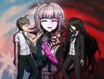  2boys :d absurdres ahoge animal bird black_hair black_jacket black_necktie black_pants blood blood_on_clothes blood_on_face blood_on_hands brown_hair brown_pants collared_shirt commission danganronpa_(series) danganronpa_2:_goodbye_despair danganronpa_3_(anime) dress_shirt flipped_hair formal fulltimeangel13 galaga green_necktie hair_ornament hair_ornament_removed hands_up highres hinata_hajime holding_hair_ornament hope&#039;s_peak_academy_school_uniform jacket kamukura_izuru long_hair long_sleeves medium_hair multiple_boys nanami_chiaki neck_ribbon necktie open_clothes open_jacket own_hands_together pale_skin pants pink_blood profile red_background red_ribbon ribbon school_uniform shirt short_hair short_sleeves smile spaceship_hair_ornament spoilers tears very_long_hair white_shirt 