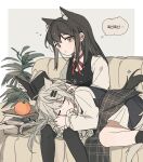  ... 2girls animal_ear_fluff animal_ears arknights black_hair black_socks black_vest book book_stack border buttons caressing check_translation closed_eyes closed_mouth commentary couch curled_up dot_nose extra_ears food from_side fruit grey_background grey_hair hair_ornament hairclip hand_in_another&#039;s_hair hand_up highres holding holding_book indoors korean_text lap_pillow lappland_(arknights) leaf long_hair long_sleeves looking_at_object lying messy_hair multiple_girls on_couch on_side open_book orange_(fruit) orange_eyes outside_border pale_skin plant pleated_skirt potted_plant reading red_ribbon resting ribbon seri_(vyrlw) shirt simple_background sitting skirt sleeping socks speech_bubble spoken_ellipsis spoken_zzz symbol-only_commentary tail texas_(arknights) translation_request vest white_border white_shirt white_skirt wolf_ears wolf_girl wolf_tail yuri zzz 