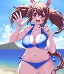  1girl :d animal_ears bare_arms bare_shoulders bikini blue_bikini blue_sky breasts brown_hair cleavage cloud commentary_request cowboy_shot day highres hishi_akebono_(umamusume) horse_ears large_breasts long_hair looking_at_viewer navel ocean onsoku_inu open_mouth red_eyes side-tie_bikini_bottom sky smile solo standing stomach swimsuit twintails umamusume water 