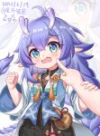 1girl :o bailu_(honkai:_star_rail) blue_hair cheek_poking chinese_clothes commentary_request detached_sleeves dragon dragon_girl dragon_horns eastern_dragon gourd green_eyes hair_between_eyes highres honkai:_star_rail honkai_(series) horns hoshitsuki_higan long_hair long_sleeves looking_at_viewer pointy_ears poking pov sidelocks simple_background wide_sleeves zoom_layer 