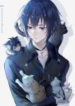  2boys animal animal_ears black_cat black_hair black_shirt blue_eyes cat cat_boy cat_ears cat_paw cat_tail choker collared_shirt cross cross_choker cross_ornament ekita_kuro guardian_chara highres holding holding_animal holding_cat long_sleeves looking_at_another male_focus multiple_boys parted_lips shirt short_hair shugo_chara! tabby_cat tail teeth tsukiyomi_ikuto white_background yoru_(shugo_chara!) 