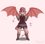  absurd_res armor clothed clothing ear_piercing fangs female hair hi_res humanoid nimona nimona_(nimona) piercing pink_hair prush_art simple_background smile solo tail teeth wings 