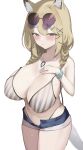  1girl absurdres animal_ear_fluff animal_ears arknights bikini blonde_hair blush braid breasts cleavage cowboy_shot eyewear_on_head hair_ornament hairclip hand_on_own_chest highres huge_breasts long_hair looking_at_viewer official_alternate_costume open_clothes open_fly open_shorts otsumami_(02mami) parted_lips purple_eyes round_eyewear short_shorts shorts solo striped striped_bikini sunglasses sweat swimsuit tail twin_braids untied untied_bikini utage_(arknights) utage_(summer_flowers)_(arknights) vertical-striped_bikini vertical_stripes x_hair_ornament 