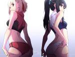  2girls adjusting_buruma adjusting_clothes ass ass_support bare_shoulders black_hair blonde_hair border bow breasts buruma commentary covered_mouth cowboy_shot dated fading_border from_behind gradient_background hair_bow hair_ribbon hands_on_own_ass highres inoue_takina long_hair looking_at_viewer looking_back lycoris_recoil median_furrow medium_breasts multiple_girls nii_manabu nishikigi_chisato ponytail purple_eyes red_buruma red_eyes red_ribbon red_sports_bra ribbon short_hair sidelighting signature small_breasts sports_bra white_border white_buruma 