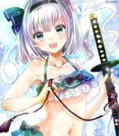  1girl aqua_eyes bikini black_hairband breasts commentary_request ghost green_bikini grey_hair hairband hajike_akira highres holding holding_sword holding_weapon konpaku_youmu konpaku_youmu_(ghost) looking_at_viewer navel open_mouth short_hair small_breasts solo swimsuit sword teeth touhou traditional_media upper_teeth_only weapon 