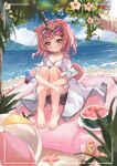  1girl arknights barefoot beach black_shorts blurry blurry_foreground blush breasts cat_girl cat_tail character_request check_character cleavage closed_mouth cloud cloudy_sky coat collarbone day depth_of_field eyelashes eyewear_on_head feet floppy_ears food fruit full_body goldenglow_(arknights) grey_coat hair_ornament hairclip highres inflatable_raft kakyouin2002 knees_up legs_together looking_at_viewer medium_breasts medium_hair outdoors parted_bangs pink-tinted_eyewear pink_hair recording sandals sandals_removed shadow short_shorts short_sleeves shorts sitting sky smile solo starfish sunglasses swept_bangs tail tinted_eyewear toenails toes torn_clothes torn_shorts viewfinder watermelon yellow_eyes 