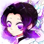 1girl black_hair butterfly_hair_ornament demon_slayer_uniform eyelashes gradient_eyes hair_ornament highres japanese_clothes kimetsu_no_yaiba kochou_shinobu light_particles looking_at_viewer making-of_available multicolored_eyes multicolored_hair parted_bangs parted_lips portrait purple_eyes purple_hair roki_(regulus_1111) short_hair signature solo 