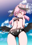  1girl @_@ bikini black_bikini black_wings blue_archive closed_mouth feathered_wings from_below front-tie_bikini_top front-tie_top halo hand_up head_wings highres hitotose_rin koharu_(blue_archive) long_hair low_twintails low_wings official_alternate_costume pink_hair pink_halo swimsuit twintails wavy_mouth wings 