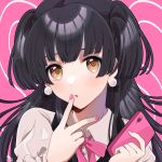  1girl black_hair blunt_bangs blush brown_eyes cellphone dot_nose earrings holding holding_phone idolmaster idolmaster_shiny_colors jewelry long_hair looking_at_viewer mayuzumi_fuyuko misogi_ria open_mouth phone pink_background pink_nails pink_ribbon ribbon shirt short_sleeves simple_background smartphone solo two_side_up v white_shirt 