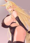  1girl animal_ear_fluff animal_ears bare_shoulders black_gloves black_thighhighs blonde_hair blue_eyes blush breasts commentary_request covered_nipples cream_cod elbow_gloves extra_ears female_pubic_hair from_side gloves hand_on_own_chest highres huge_breasts long_hair looking_at_viewer looking_to_the_side mole mole_under_eye no_panties original parted_lips pelvic_curtain pointy_ears pubic_hair simple_background solo tail thighhighs thighs 