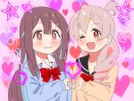  2girls ;d ahoge blush bow bowtie braid brown_eyes brown_hair genderswap genderswap_(mtf) hair_ornament heart heart_hands heart_hands_duo hozuki_momiji karuta_(karuta01) long_hair multiple_girls one_eye_closed onii-chan_wa_oshimai! open_mouth orange_eyes oyama_mahiro pink_hair purikura saliva saliva_trail school_uniform serafuku single_braid smile star_(symbol) sweater translation_request wavy_mouth yuri 