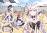  &gt;_&lt; 1boy 4girls =_= absurdres ahoge animal animal_ears ball beach beachball black_gloves black_horns blue_hair blush braid breasts bucket can_(honkai_impact) cat cat_ears cat_girl chinese_commentary cleavage closed_mouth clothes_removed collarbone crossed_legs cup drinking_straw gloves green_hair griseo hand_on_own_hip highres holding holding_bucket holding_cup holding_phone honkai_(series) honkai_impact_3rd horns kiana_kaslana kiana_kaslana_(herrscher_of_finality) kneeling kosma large_breasts light_brown_hair long_hair looking_at_another medium_breasts medium_hair multiple_girls no_nose o_o official_alternate_costume on_floor open_mouth outdoors pardofelis_(honkai_impact) phone raiden_mei raiden_mei_(herrscher_of_origin) ryouya_(ryoya) sand short_hair single_bare_leg sitting smile standing sweatdrop taking_picture theft upper_body volleyball_net white_hair 