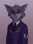 anthro badge blue_eyes canid canine clothing famished_(artist) fox grey_fox hamilton_(famished) hi_res looking_at_viewer male mammal necktie simple_background solo suit uniform urocyon 