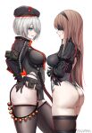  2b_(nier:automata) 2b_(nier:automata)_(cosplay) 2girls absurdres arm_pouch ass belt_pouch beret black_blindfold black_hairband black_headwear black_panties blindfold brown_hair clothing_cutout collared_leotard cosplay costume_switch curvy ekuskarma feather-trimmed_sleeves feather_trim goddess_of_victory:_nikke hairband hat highres ishikawa_yui juliet_sleeves leotard long_sleeves mole mole_under_mouth multiple_girls nier:automata nier_(series) panties plump pouch puffy_sleeves rapi_(nikke) rapi_(nikke)_(cosplay) red_lips simple_background skindentation standing thick_thighs thighhighs thighs two-tone_gloves underwear voice_actor_connection white_background white_hair white_leotard 